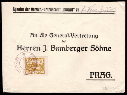 předtištěná firemní obálka adresovaná do Prahy, vyplacená jednoznámkovou frankaturou 30 h žlutá, razítko Christofssrund, 21/X/19