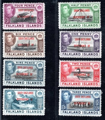 Falkland Islands, South Shetlands - SG. D 1 - 8, Jiří VI, přetisk, kompletní, svěží řada - 2 x vynechávka lepu 