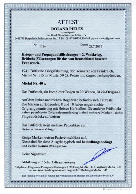 Mi. 40 A, Francie, obsazené území, britské propagandistické falzum 1941, francouzské známky Mi. 515, v originálním kompletním tiskovém listu o 20 známkách - 50 C, zelená, na okraji mimo známky u polí 8 a 10 lehké přichycení, katalog pouze známek cca 2000 EU, mimořádná nabídka z období okupace 1939 - 45, atest PIELES BPP