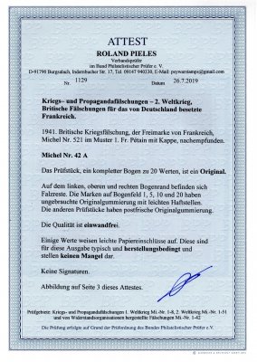 Mi. 42 A, Francie, obsazené území, britské propagandistické falzum 1941, francouzské známky Mi. 521, v originálním kompletním tiskovém listu o 20 známkách - 1 F červená, na okraji mimo známky u polí 1,5,10,20 lehké přichycení, katalog pouze známek cca 2000 EU, mimořádná nabídka z období okupace 1939 - 45, atest PIELES BPP