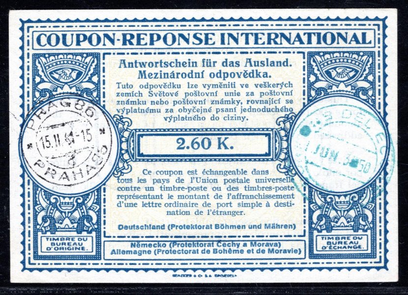 CMO 4, rok 1940 , mezinárodní odpovědka 2,60 K, s dvěma DR, PRAG 86/ 15.II.41 a CORREOS DEL ECUADOR; pěkný stav, kat. cena pro dvě raz. -,-