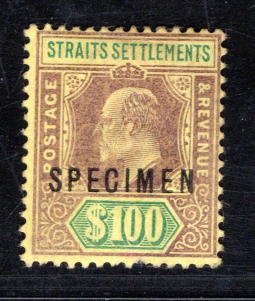 Malaya Strait Settlements Mi. 91, WZ 3,  1902 - 100 dolarů, přetisk Specimen, 1 krátký zoubek - hledaný kus - kat. cena 750 Liber 
