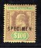 Malaya Strait Settlements Mi. 91, WZ 3,  1902 - 100 dolarů, přetisk Specimen, 1 krátký zoubek - hledaný kus - kat. cena 750 Liber 
