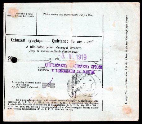 Poštovní spořitelna - 2/3 mezinárodní uherská průvodka 10 f známka poštovní spořitelny () a 25 h Hradčany DR SZAKOLCZA ( SKALICA) 25.2.1919, příchozí Turozcczentmarton (Martin), vzácná kombinace, zk. KArásek - katalog 4000 Kč 
