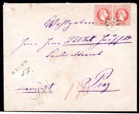 Těžší R-dopis 2 x dvoupáska 5 kr. FJ, DR náprstkové DYMOKUR 15.8.1875, příchozí Prag 17.8.,