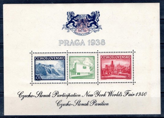 Praga 1938, tisk pro NY 1940, přítisk znaku modrý, text černý, hezký