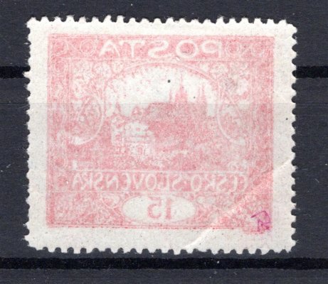 7 C Typ II ; 15 h cihlově červená ŘZ 13 3/4 - obtisk plný na lepu - lom, z zpřední strany lehce zeslabený papír  ; Pofis 3000 , Klim 8000 Kč  - vzácná známka 