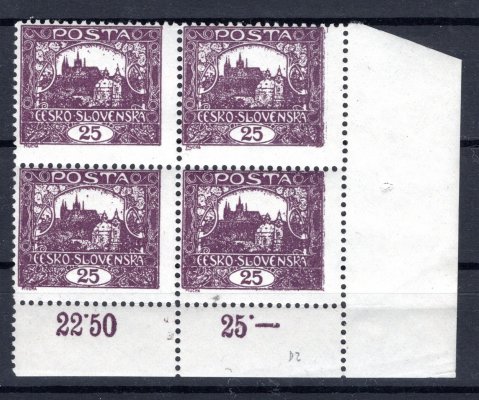 11 B, typ I, pravý dolní rohový 4 blok, fialová 25 h, s DZ - přerušená desetinná čárka,  III. tisková deska - desková vada na ZP 90
