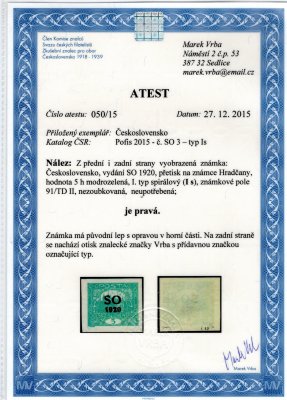 SO 3, I. spirálový typ ze spojených typů, ZP 91/II. TD , modrozelená 5 h, oprava lepu v horní části , zk. Vr a atest Vrba, vzácná a hledaná známka s perfektním střihem ! 