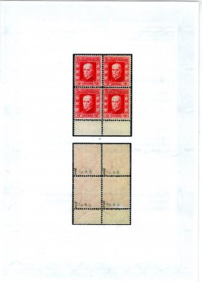 194, P 5, typ II, TGM, krajový 4 blok, červená 1 Kč, zk. Gi a atest Vrba