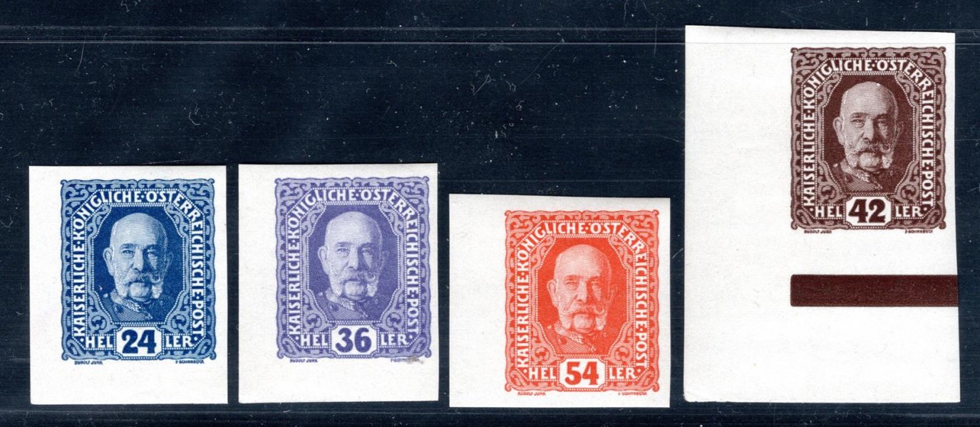 Michel P 58, P 58a - P 63 : 1916-1917 DOPLATNÍ / ANK.60-63, 24h-54h BEZ PŘETISKU nezoubkované; bezvadné, kat. 1.000€ všechny   kusy rohové, 1 x  krajový 