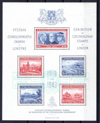 1943 Londýnský aršík Exilové vlády v Londýně k výstavě známek ( nečistota v růžku) příležitostní razítko