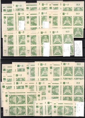 NV 2, novinové, Sokol v letu, zelená 5 h, 1928, prakticky komletní ročník rohových známek s DČ, chybí pouze 9 ks, z 80 kusů tohoto ročníku