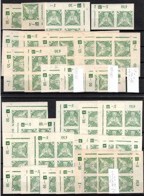 NV 2, novinové, Sokol v letu, zelená 5 h, 1928, prakticky komletní ročník rohových známek s DČ, chybí pouze 9 ks, z 80 kusů tohoto ročníku