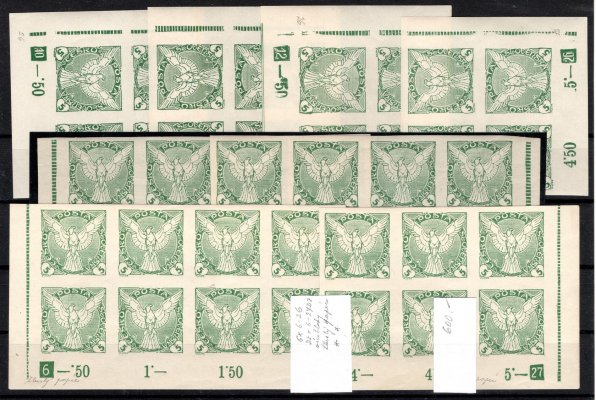 NV 2, novinové, Sokol v letu, zelená 5 h, 1926 a 27, vícebloky včetně 17-26 a tlustého papíru, zajímavá sestava