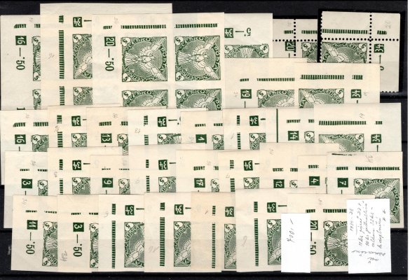 NV 2, novinové, Sokol v letu, zelená 5 h, 1934, , rohové s DZ, 11 ks párů a 10 ks jednotlivých, celkem 32 ks k doplnění, zajímavé a hledané