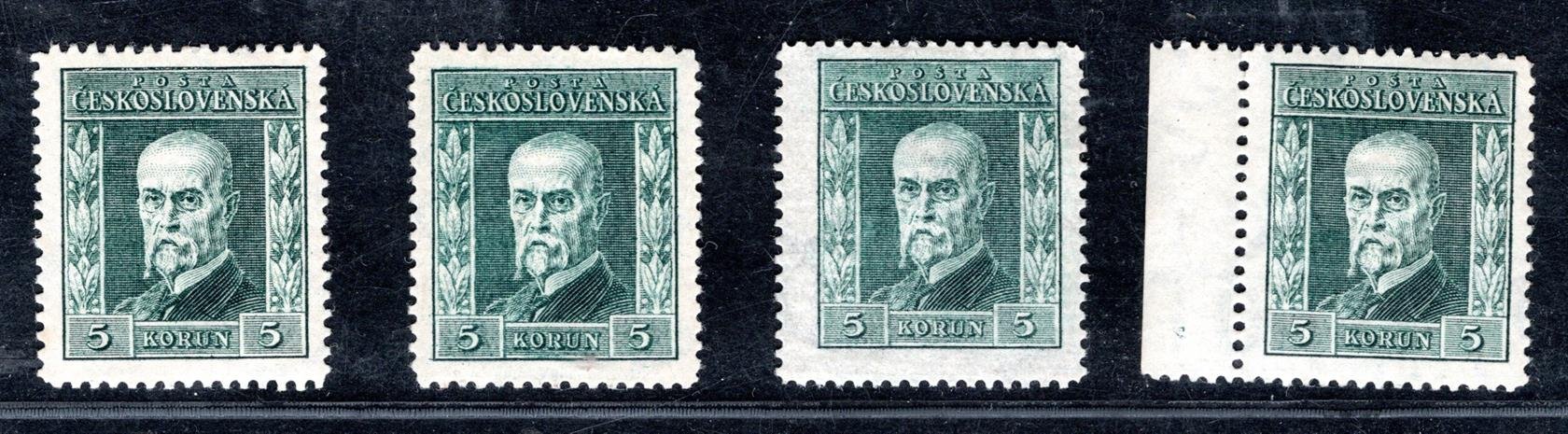 193 A ; 5 Kč Masaryk úzký formát, sada 4 kusů s průsvitkou 1,2,3,4 