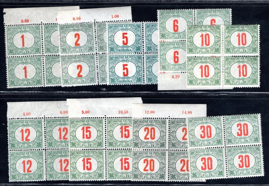 36 - 44 Michel - Kompletní série Doplatní červená čísla Maďarské  , pouze 5 filler nahrazen o rok pozdější vydání, hledané série červených čísel ve 4- bloku bez přetisku - Pofis 131 - 139 ; 4 - bloky 
