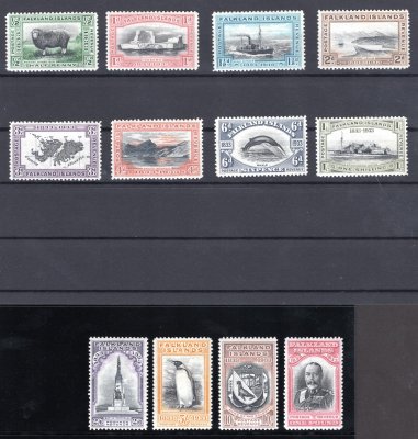 Falklandy, SG 128-38, Jiří V, výplatní, kompletní řada, poslední tři drahé hodnoty s atesty, kat. 4.250 GBP, velmi vzácná a hledaná řada