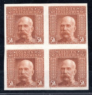 Bosna a Hercegovina, Mi. 44 ZT, čtyřblok Franz Josef v barvě hnědooranžové, kat. min. 1.200 EUR