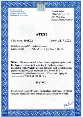 Revoluční, II. pražský přetisk, obálka zaslaná doporučeně z Písku, 14/XI/18 do Prahy 2, vyplacená známkami II. pražského přetisku Znak, hodnoty 60, 80, 90 h a 1 K ruční sazba, zk. Gilbert, Vrba a atest Vrba, velmi vzácná, dekorativní a ojediněle se vyskytující celistvost ve velmi dobré kvalitě