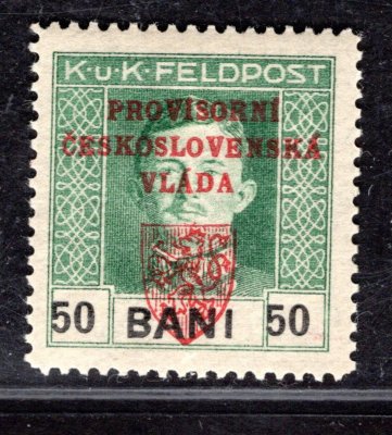 Revoluční, ZT, I. pražský přetisk, zkusmý tisk v červené barvě na známce, Mi. 11 A (Feldpost, vydání pro Rumunsko), 50 Bani, zelená, zk. Vrba, vzácné a hledané