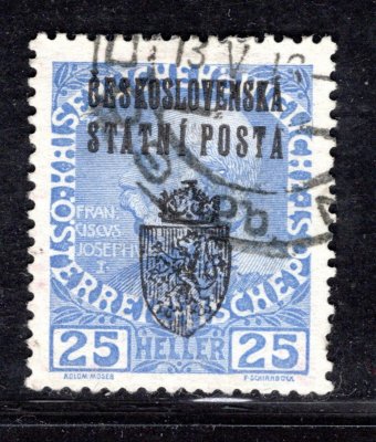 Revoluční, ZT, I. pražský přetisk na známce F. J., Mi. 147, modrá 25 h, přetisk na předem upotřebené známce, zk. Gilbert, Vrba, zajímavé a vzácné