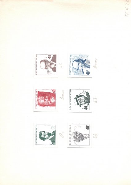 1968-73 ZT, Výročí kulturních osobností 40 h, kompletní série otisků rytin pro ocelotiskovou barvu, lehce přichyceno, pochází z významné pozůstalosti, jedinečný doklad přípravy známek