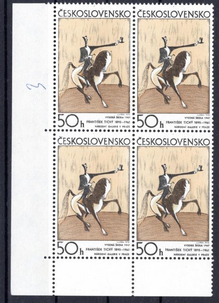 1949 VV; Česká a slovenská grafika 50 h, vynechaná zelená barva, rohový 4blok, v tomto
provedení ojedinělé
