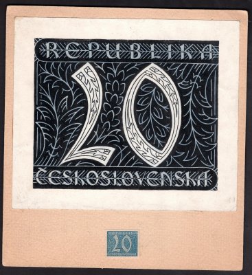 ZT, návrh, malba olejovými barvami v kombinaci černé a bílé 13,2 x10,8 cm, na bílém papíru a otisk návrhu (knihtisk) v modré barvě z dílny profesorů Brunnera a Kysely, atest Vrba, velmi zajímavý a vzácný doklad