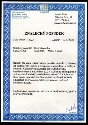 ZT, návrh, malba olejovými barvami v kombinaci černé a bílé 13,2 x10,8 cm, na bílém papíru a otisk návrhu (knihtisk) v modré barvě z dílny profesorů Brunnera a Kysely, atest Vrba, velmi zajímavý a vzácný doklad