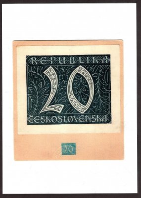 ZT, návrh, malba olejovými barvami v kombinaci černé a bílé 13,2 x10,8 cm, na bílém papíru a otisk návrhu (knihtisk) v modré barvě z dílny profesorů Brunnera a Kysely, atest Vrba, velmi zajímavý a vzácný doklad