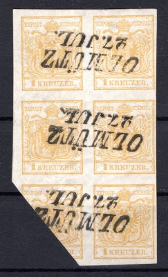 Rakousko, Mi. 1, 1 kr žlutá, 5 1/2 blok, razítko OLMÜTZ 27. JUL, stopy po vlhkosti (zvlněný papír), velmi hezký a hledaný blok
