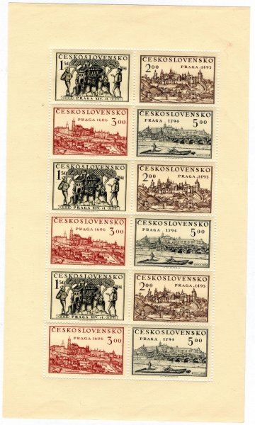 558-61 TL (12), Celostátní výstava známek PRAHA 1950, nerozdělený soutisk dvanácti známek, rozměry 120 x 202 mm, velmi řídký výskyt, chybí v naprosté většině i velkých sbírek
ČSR II, mimořádná a ojedinělá nabídka, luxusní stav, vyjádření Hauptman