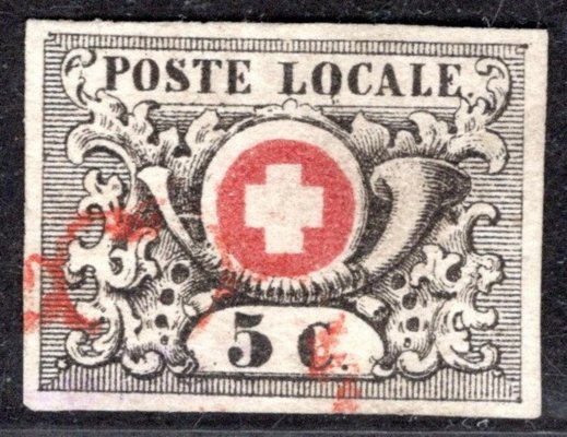 Švýcarsko, Mi. 2, Trubka postiliona se švýcarským znakem, 5 c. šedočerná, zk. Dr. Rieger, hezké střihy