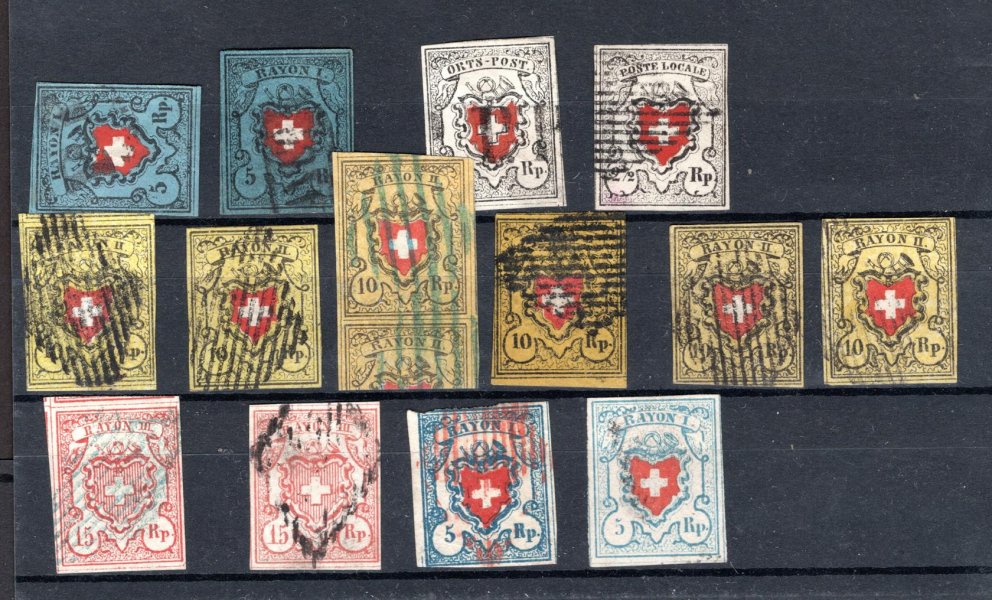 Švýcarsko, Mi. 5-10, odstíny, razítka, sestava klasických známek, hezké a zajímavé, vyšší katalogový záznam