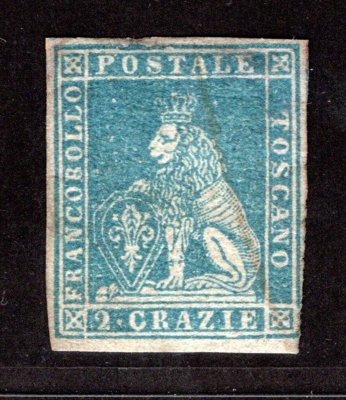Itálie, Toskánsko, Sassone 5, Toskánský lev 2 crazie modrá, dobrý střih, atest Diena, kat. Sassone 14.000 EUR, vzácná známka