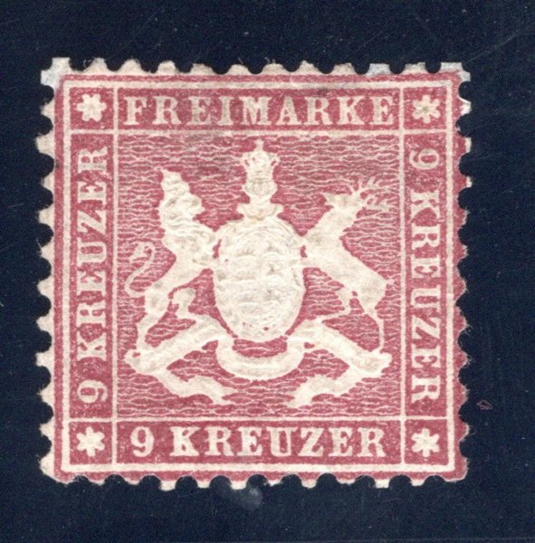 Württemberg, Mi. 24, Znak 9 Kr fialově červená, signováno Köhler, atest Thomas Heinrich, hezká a hledaná známka ve velmi dobrém stavu, kat. 5.000 EUR