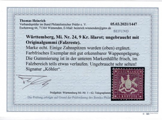 Württemberg, Mi. 24, Znak 9 Kr fialově červená, signováno Köhler, atest Thomas Heinrich, hezká a hledaná známka ve velmi dobrém stavu, kat. 5.000 EUR