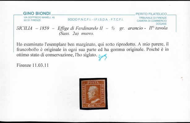 Itálie, Sicílie, Sassone 2a (Mi. 1), Ferdinand II. 1/2 grana oranžová, nezoubkovaná, neupotřebená, dobrý střih, atest Biondi, kat. Sassone 5.000 EUR