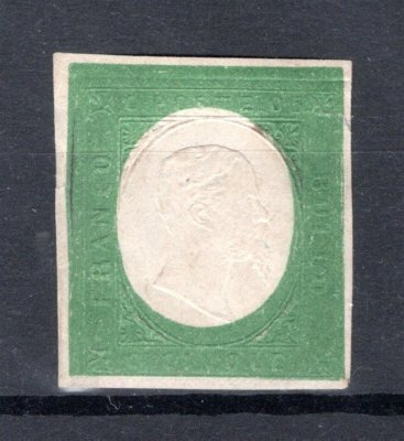 Itálie, Sardinie, Sassone 7d (Mi. 7), Viktor Emanuel II. 5 cent. zelená, signována a atest Cardillo, kat. Sassone pro * 80.000 EUR, mimořádně vzácná a hledaná známka ve výborné kvalitě