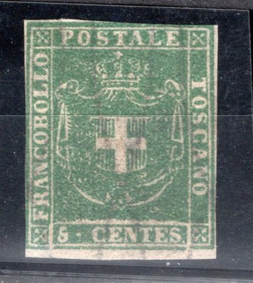 Itálie, Toskánsko, Sassone 18 (Mi. 18), Znak 5 cent. zelená, atest Biondi, kat. Sassone 38.000 EUR, vzácná a hledaná známka