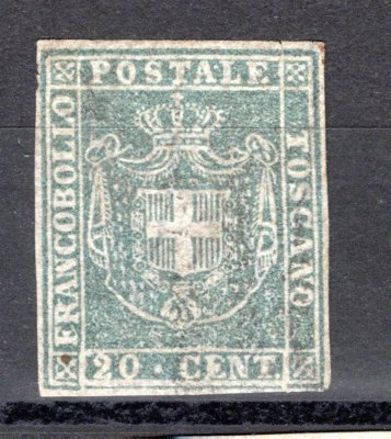 Itálie, Toskánsko, Sassone 20 (Mi. 20), Znak 20 cent. modrá, atest Biondi, kat. Sassone 7.500 EUR, hledaná známka
