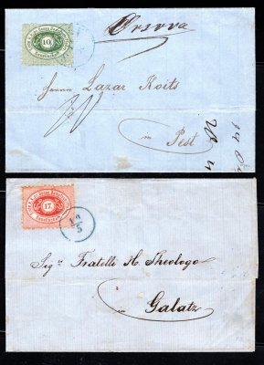 Rakousko, DDSG 1867, Dunajská paroplavba, 2x dopis ze Sistova na Dunaji do Galatzu, 1x se známkou 17 Kr zoubkování 9 1/2 se vzácným znehodnocením datovým razítkem 19/5 a 1x do Budapešti se známkou 10 Kr zelená s raz. SISTOV 14/10, přes ALT ORSOVA, zde převzato rakouskou poštou s doplatkem 10 Kr