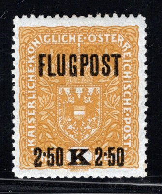 Rakousko, ANK 226x II B, Letecká (Flugpost) 2,50 K II. typ - velká tečka v levém 2.50 K, vzácné zoubkování ŘZ 11 1/2, bezvadný kus s nepatrnou nálepkou, kat. * 1.200 EUR ++; ojedinělá nabídka