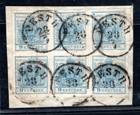 Rakousko 1850, Ferch. 5 H IIIa, 9 kr IIIa. typ, 6blok ruční papír, raz. PESTH, kat. 4.000 EUR, bezvadné