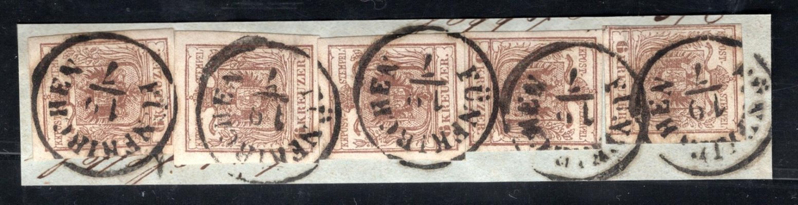 Rakousko 1850, Ferch. 4 M III, 6 kr III. typ, 5x strojový papír s raz. FÜNFKIRCHEN, kat. 600 EUR