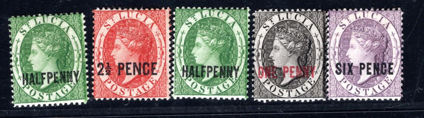 St. Lucia 1881-1882, SG 23-26, 28 Viktorie přetisková provizoria, 1/2 p a 2 1/2 p průsvitka CC (vzácná); 1/2 p, 1 p a 6 p průsvitka CA, bezvadné, kat. 280 GBP