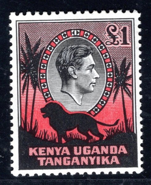 Kenya Uganda Tanganyika 1938, SG 150, Jiří VI. 1 L, koncová hodnota v nejvzácnějším zoubkování 11 3/4 : 13, bezvadná, kat. 550 GBP