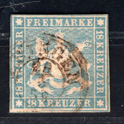 Württemberg 1857, Mi. 10a Znak 18 Kr světle modrá, bezvadný kus s typickým úzkým střihem (viz poznámka v kat. Michel pod touto emisí), atest D. N. Pinchot, kat. 1.600 EUR, vzácná známka
